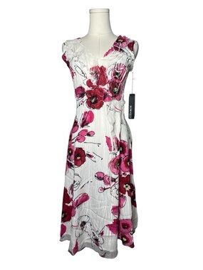NEW Komarov Pink Floral Crinkle Textured Short Sleeve Midi Dress Summer Vacation